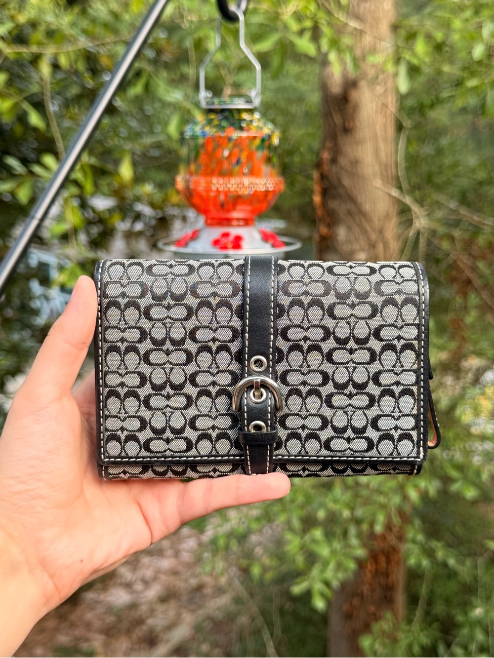 Coach Black and Gray Signature Canvas Wallet with Buckle Accent